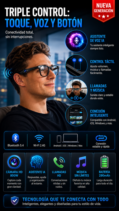 Gafas Inteligentes con IA | Cámara HD, Traducción en Tiempo Real y Asistente de Voz
