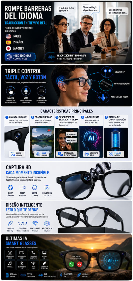 Gafas Inteligentes con IA | Cámara HD, Traducción en Tiempo Real y Asistente de Voz
